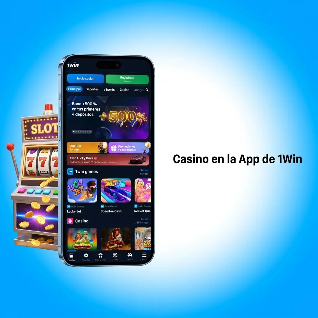 Sección de casino en la app 1Win con slots, ruleta, blackjack y casino en vivo disponible 24/7