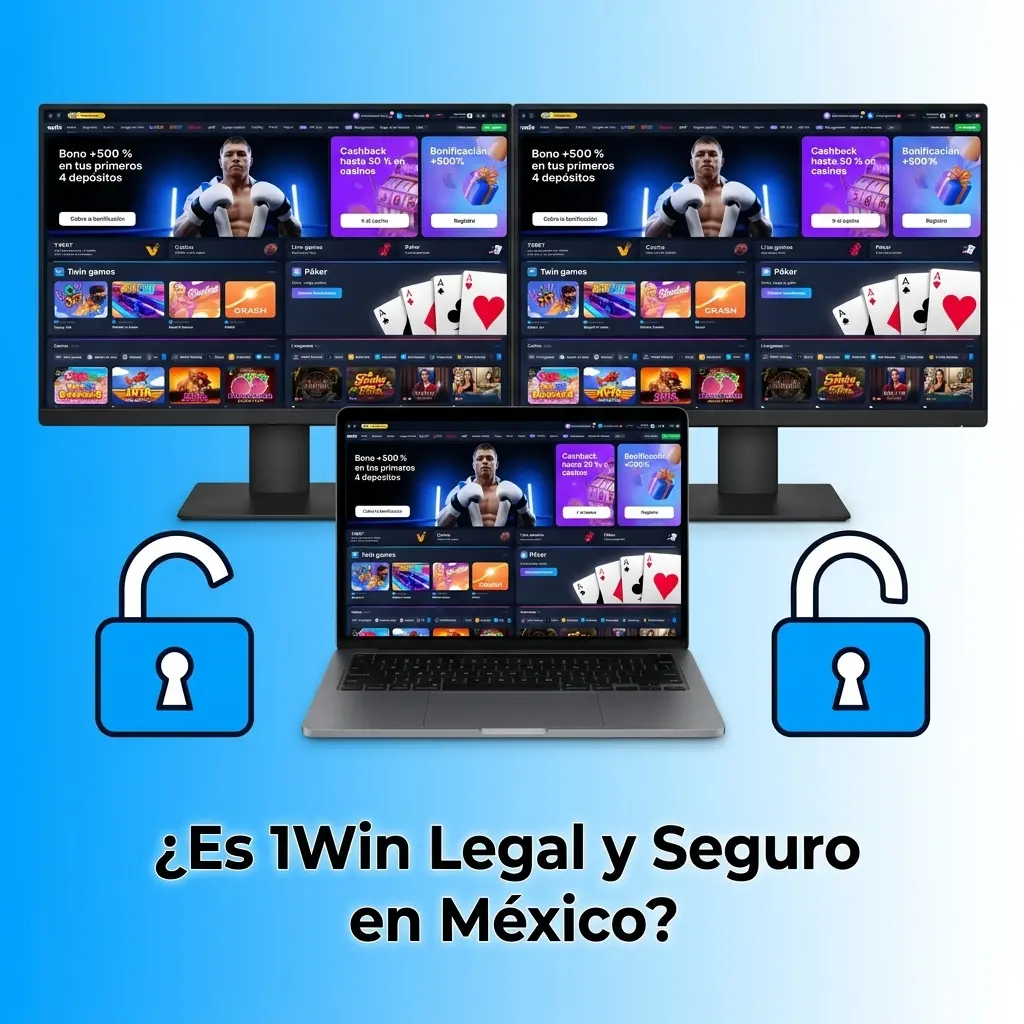 Logotipo de 1Win con escudo de seguridad y bandera de México, destacando licencia Curaçao y cifrado SSL